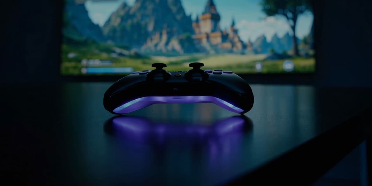 A game controller in front of a running game, and the PingCore wordmark over it